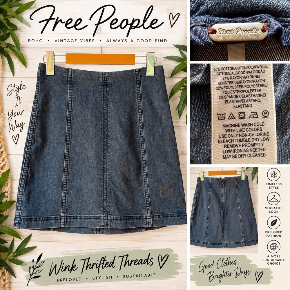 Free People Denim Mini Skirt Blue High Waisted Seamed Size 4 Y2K Boho Style